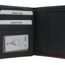 Geldbörse aus Nappaleder, schwarz mit Streifen in dunkelrot (10 x 12 x 1,5 cm)