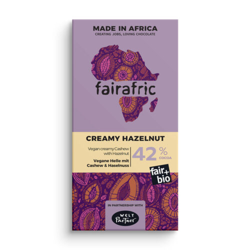 fairafric Schokolade 42%, Creamy Hazelnut, Vegane Helle mit Cashew & Haselnuss, bio°, 80g, vegan